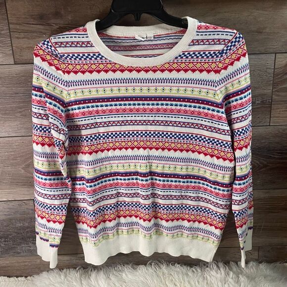 GAP Women’s Fair Isle Crew Neck Knit Sweater Size Large White Multicolor 2019 - Picture 2 of 8